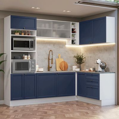 Armário De Cozinha Completa De Canto 399 Cm Branco-azul Vik Madesa 01 Branco-azul