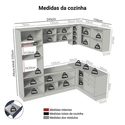 Armário De Cozinha Completa De Canto 399 Cm Branco-azul Vik Madesa 01 Branco-azul