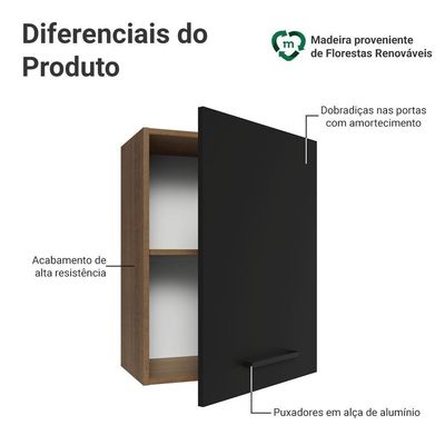 Armário Aéreo 50cm 1 Porta Rustic/preto Agata Madesa Rustic/preto
