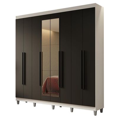Guarda-roupa Casal Com Pés 8 Portas Batentes Com Espelho Branco-preto-preto Netuno Madesa
