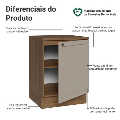 Balcão De Cozinha 60 Cm 1 Porta Rustic-crema Vik Madesa Rustic-crema
