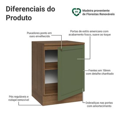 Balcão De Cozinha 60 Cm 1 Porta Rustic/verde Vik Madesa Rustic/verde