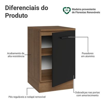 Balcão De Cozinha 50cm 1 Porta Rustic/preto Agata Madesa Rustic/preto