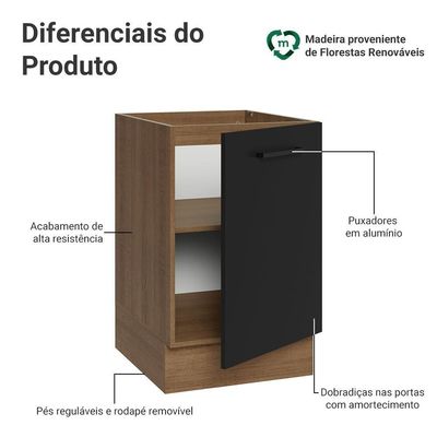 Balcão De Cozinha 50cm 1 Porta (sem Tampo) Rp Agata Madesa Rustic/preto