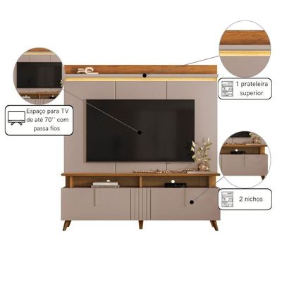 Painel De Tv Com Led E Rack Retrô De 2 Portas Para Sala Canela