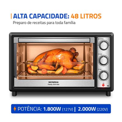Forno Elétrico 48L Family Grill Inox Mondial Preto/Inox 1800W - FRN-48-BI 127V