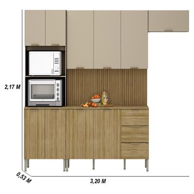 Armário De Cozinha Completa Com Balcão Para Pia 10 Portas Dubai - Freijó/vanilla/com Ripado