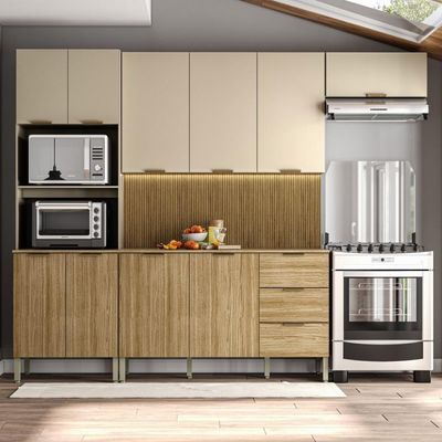 Armário De Cozinha Completa Com Balcão Com Tampo 10 Portas Dubai - Freijó/vanilla/com Ripado