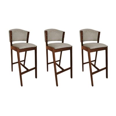 Kit 3 Banquetas Altas De Madeira Maciça Ana Em Linho Premium Bege Linho Mel