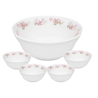 Jogo De Sobremesa De Vidro 1 Tigela 1400ml E 4 Bowls 400ml Branco Em Casa Tem