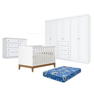 Quarto De Bebê Americano 6 Portas Com Berço Americano Flip Branco Acetinado Reller E Colchão Ortobom - Henn