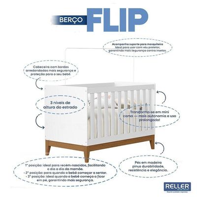 Quarto De Bebê Americano 6 Portas Com Berço Americano Flip Branco Acetinado Reller E Colchão Ortobom - Henn