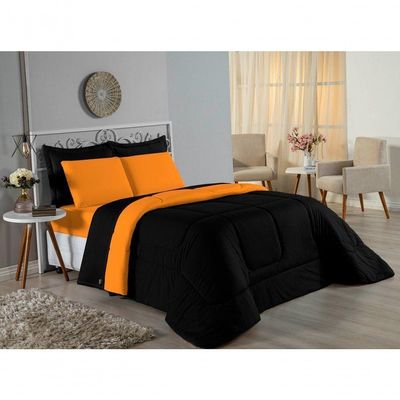 Kit Edredom Dupla Face + Jogo De Lençol Solteiro Nobre 5 Peças Malha 100% Algodão - Preto / Laranja