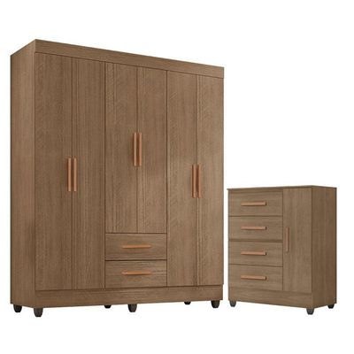 Guarda Roupa Casal 6 Portas E Cômoda 4 Gavetas 01 Porta Lite Carvalho Oak - Móveis Leão