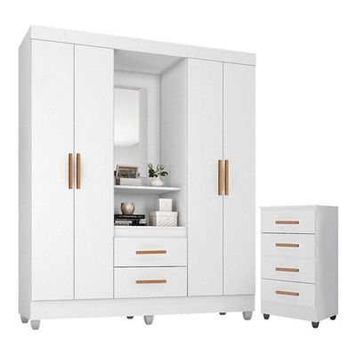 Guarda Roupa Casal Capela Com Cômoda 4 Gavetas Lite Branco Brilho - Móveis Leão
