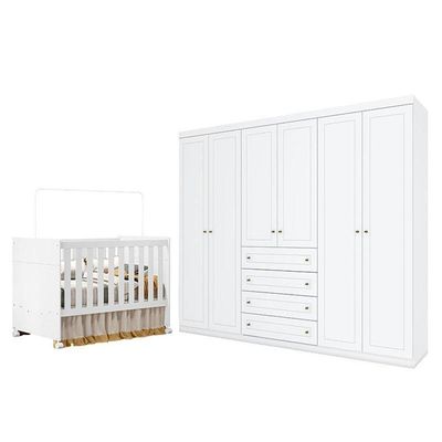 Berço Americano Katatau Branco Acetinado - Reller E Guarda Roupa Casal Americano 6 Portas Branco Hp - Henn
