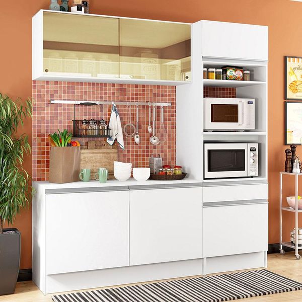 Cozinha Compacta Madesa Diamante Pop com Armário, Balcão e Tampo Branco Branco