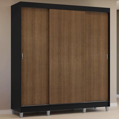 Guarda-roupa Casal Com Pés 3 Portas De Correr Preto Rustic Reno Madesa