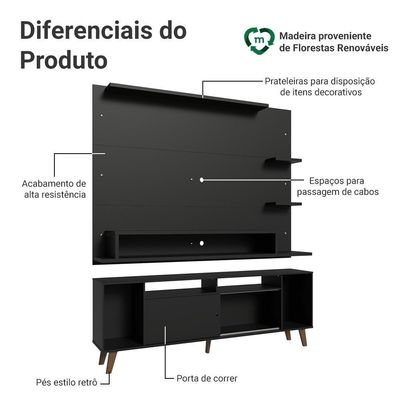 Rack Com Painel Para Tv Até 60 Polegadas 180 Cm Com Pés Preto/rustic Cancun Madesa Preto/rustic