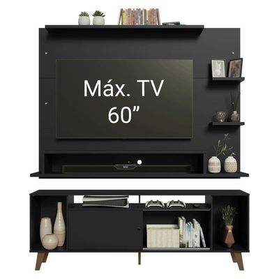 Rack Com Painel Para Tv Até 60 Polegadas 180 Cm Com Pés Preto/rustic Cancun Madesa Preto/rustic