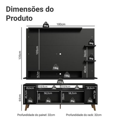 Rack Com Painel Para Tv Até 60 Polegadas 180 Cm Com Pés Preto/rustic Cancun Madesa Preto/rustic