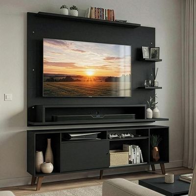 Rack Com Painel Para Tv Até 60 Polegadas 180 Cm Com Pés Preto/rustic Cancun Madesa Preto/rustic