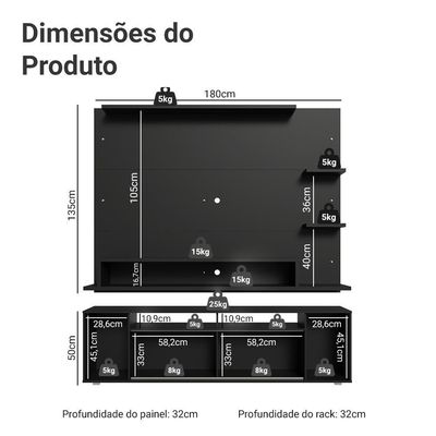 Rack Com Painel Para Tv Até 60 Polegadas 180 Cm Preto Cancun Madesa Preto
