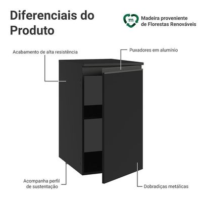 Balcão De Cozinha 40 Cm 1 Porta Suspenso Preto Nice Madesa Preto