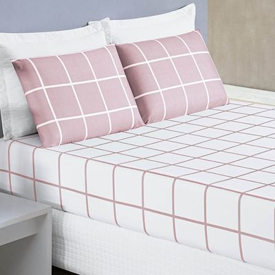 Jogo de Lençol Minimalista Casal Padrão 3 Peças Percal 200 Fios Quadriculado - Rosa