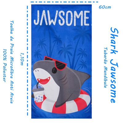 Toalha de Praia KazzaVip Microfibra 100% Poliéster Estampada Anti Areia Shark Jawsome 60cm x 110m Azul