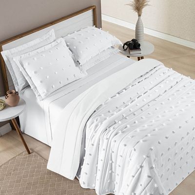 Kit Cobre Leito Colcha Sofist Queen 3 Peças MicroPercal 300 Fios Detalhado Bolinhas - Branco