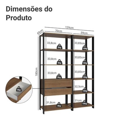 Guarda-roupa Closet Modulado Valencia 2 Gavetas 9 Prateleiras 129cm Madesa Rustic/preto