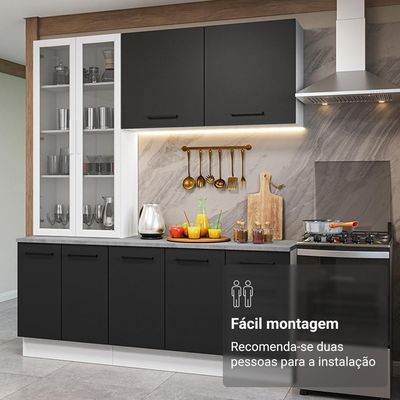 Armário De Cozinha Completa 190cm Com Cristaleira Agata Madesa Branco E Preto