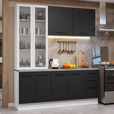 Armário De Cozinha Completa 190cm Com Cristaleira Agata Madesa Branco E Preto