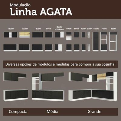 Armário De Cozinha Completa 190cm Com Cristaleira Agata Madesa Branco E Preto