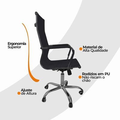 Kit 2 Cadeira Escritório Esteirinha Oficial Alta Preto Preto