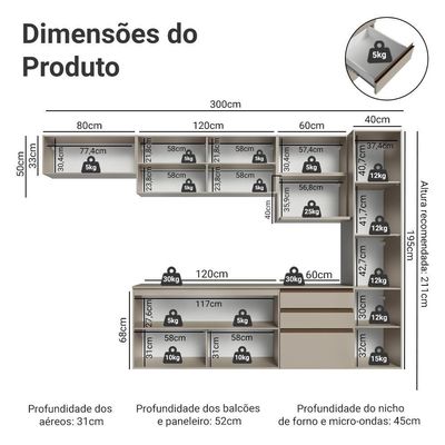 Armário De Cozinha Completa 300cm Suspensa Crema Nice Madesa 10 Crema