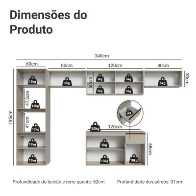 Armário De Cozinha Completa 340 Cm Suspenso Nice Madesa 02 Crema