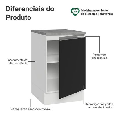 Balcão De Cozinha 50cm 1 Porta Bp Glamy Madesa Branco/preto