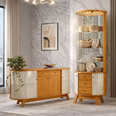 Kit Aparador Buffet Inara E Cristaleira Eça Orgânico M07 Cinamomo Off White - Lyam Decor