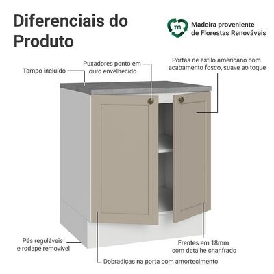 Balcão De Cozinha 70 Cm 2 Portas Branco-crema Vik Madesa Branco-crema