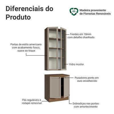 Kit Balcão + Cristaleira 70 Cm Rustic-crema Vik Madesa 02 Rustic-crema