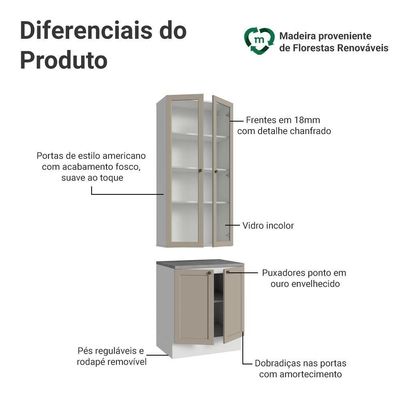 Kit Balcão + Cristaleira 70 Cm Branco-crema Vik Madesa 02 Branco-crema