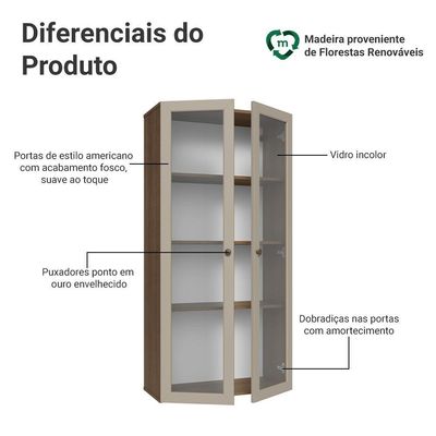 Módulo Cristaleira 70 Cm 2 Portas De Vidro Rustic-crema Vik Madesa Rustic-crema
