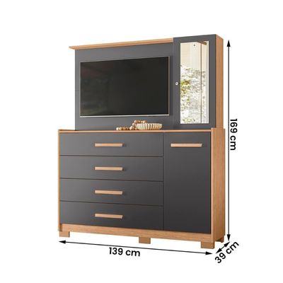 Cômoda Quarto Com Painel Para Tv Ilhabela 4 Gavetas 2 Portas Freijo-titanium