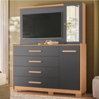Cômoda Quarto Com Painel Para Tv Ilhabela 4 Gavetas 2 Portas Freijo-titanium