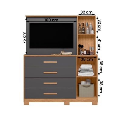 Cômoda Quarto Com Painel Para Tv Ilhabela 4 Gavetas 2 Portas Freijo-titanium