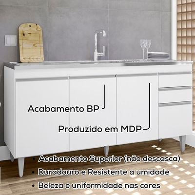 Balcao Para Pia 4 Portas 2 Gavetas Bp 180 Cm Agatha Branco