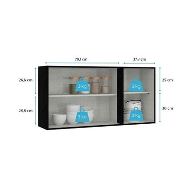 Armário Aéreo 3 Portas 120cm Cozinha Modulada Milão Menu Móveis Preto