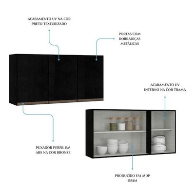Armário Aéreo 3 Portas 120cm Cozinha Modulada Milão Menu Móveis Preto